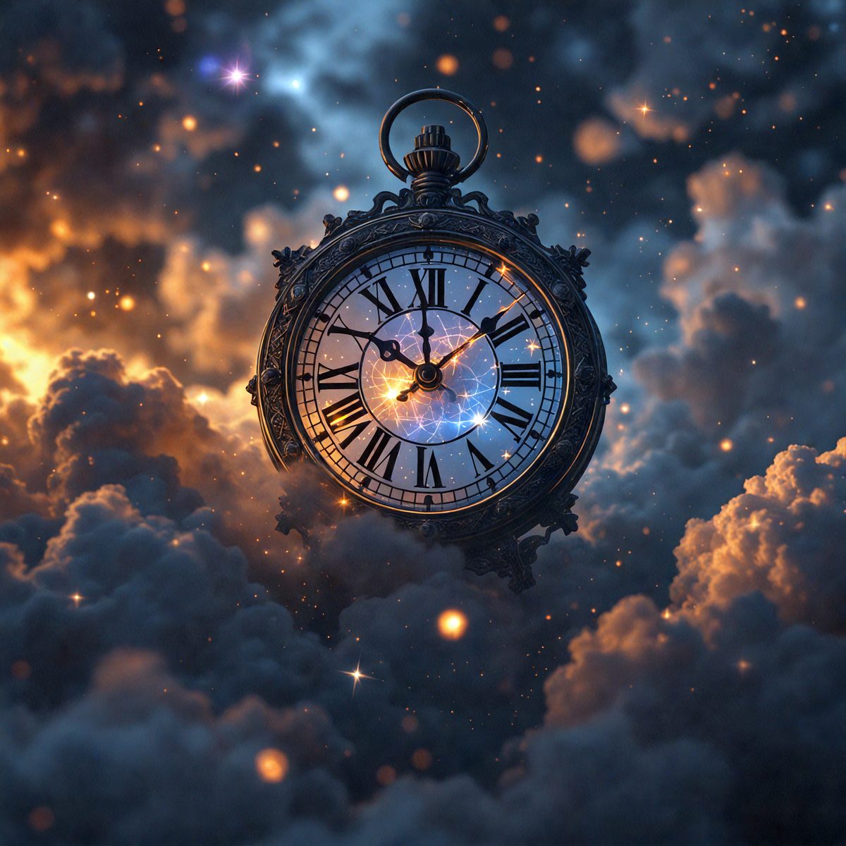 The primary subject of the image is a large, ornate clock with Roman numerals. The clock is set against a backdrop of a cloudy sky, giving it a dramatic and atmospheric appearance. The visual style of the image is a combination of photo and digital art, creating a unique and captivating scene. The colors and mood of the image are predominantly dark and moody, with the clock and clouds serving as the main focal points.
